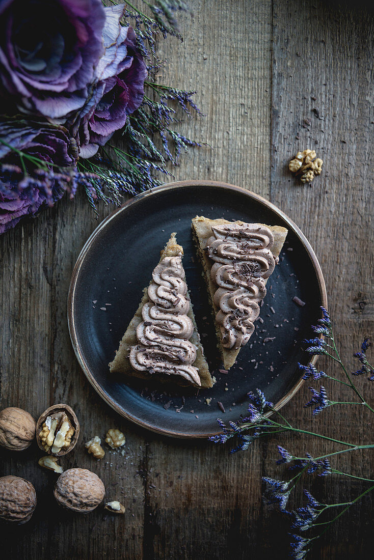 Vegan nut cake with a creamy chocolate frosting