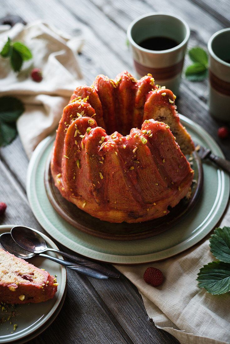 Vegan Bundt cake with strawberries and pistachio nuts