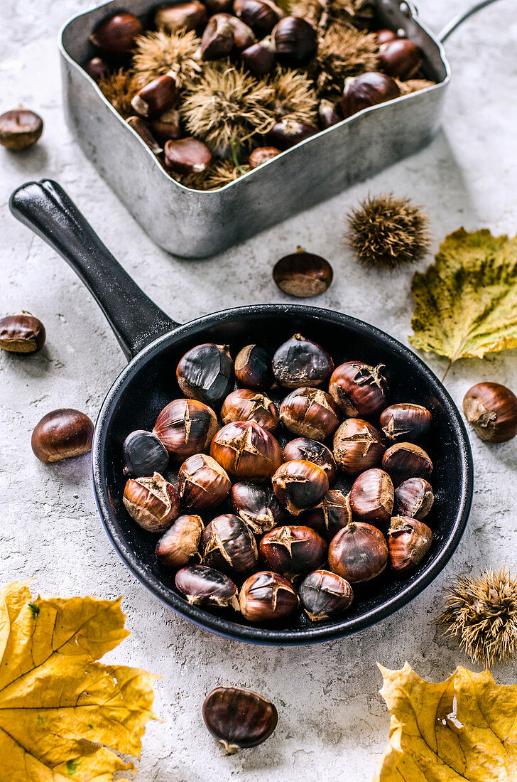 Roasted chestnuts in a frying pan, raw chestnuts, shelled and unshelled, yellow leaves