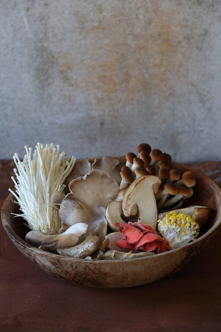 Various mushrooms in a wooden bowl
