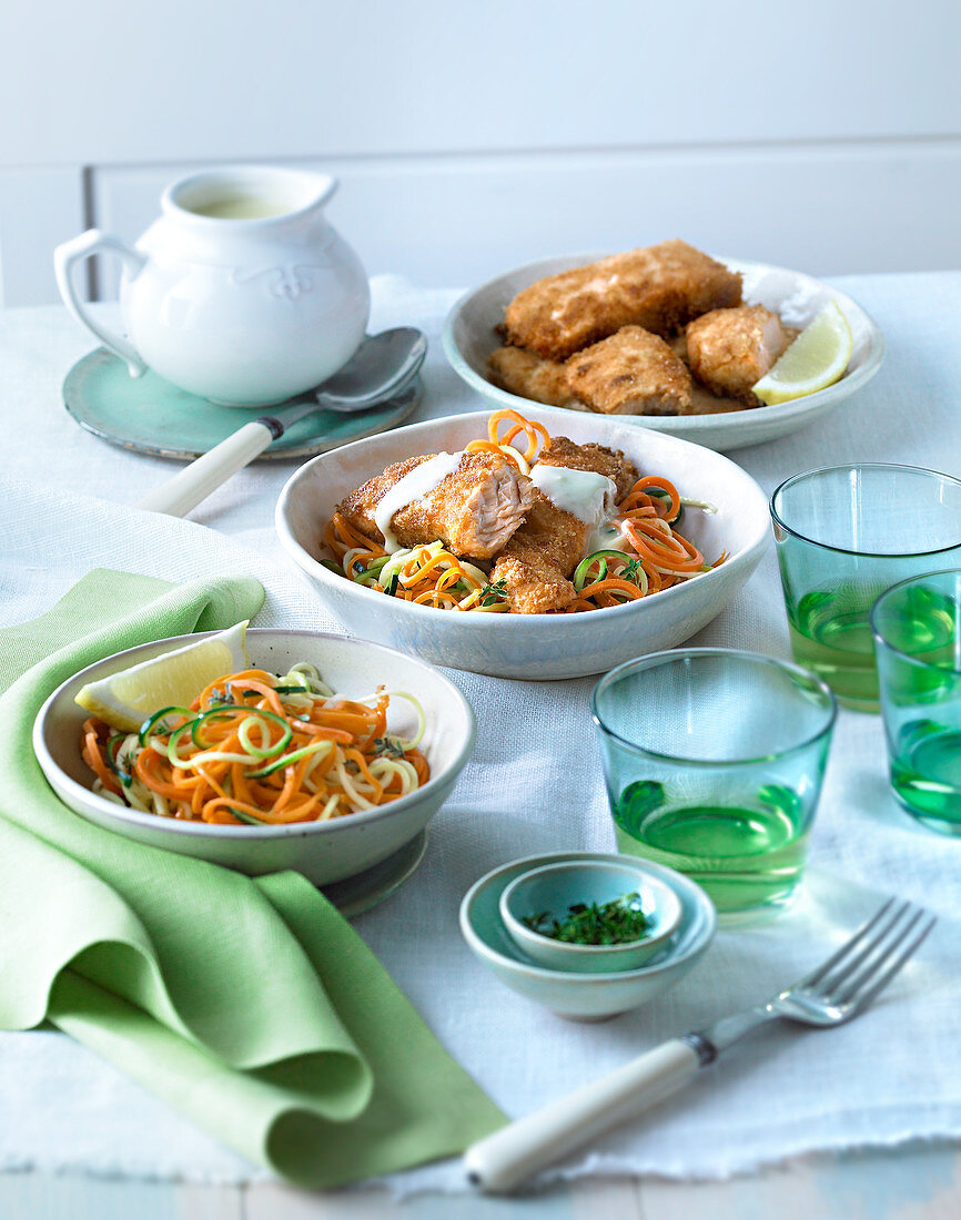 Fried salmon with vegetable noodles