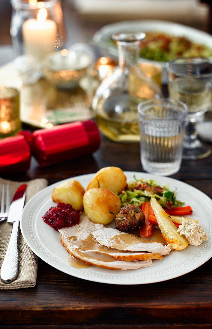 American turkey with roast potatoes and vegetables