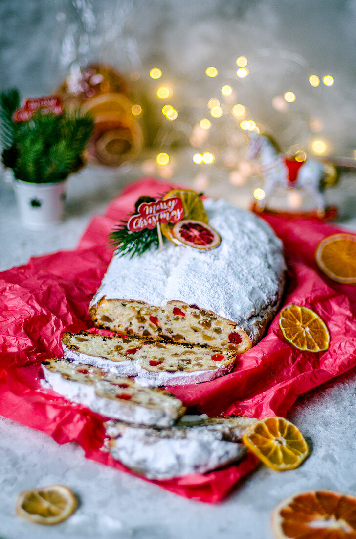 Christmas stollen unfolded from the festive packaging