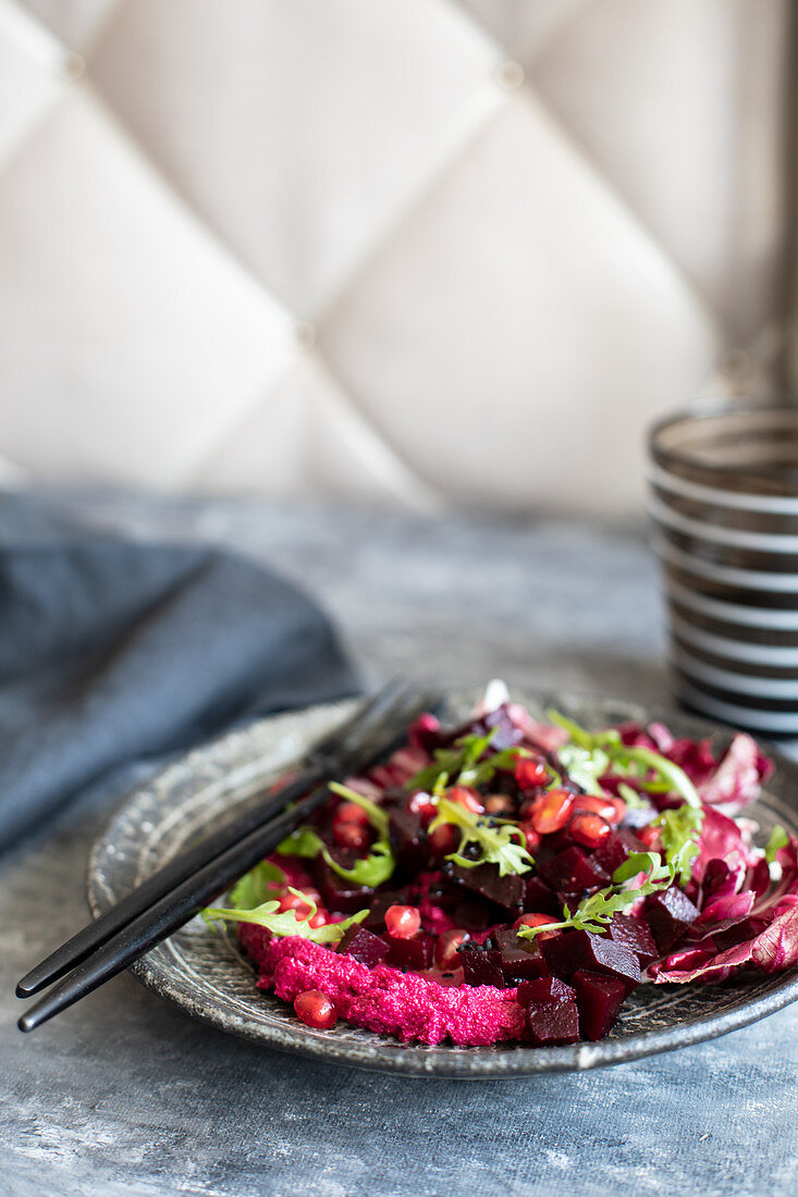 Beetroot and horseradish hummus with salad