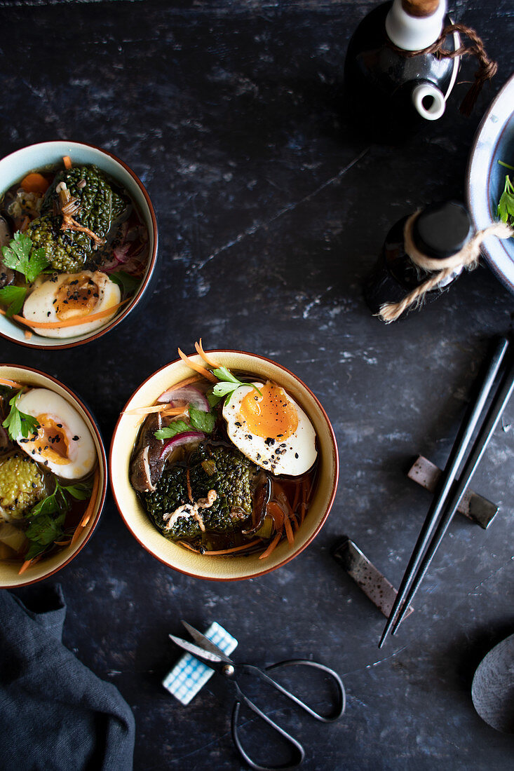 Ramen with savoy cabbage rolls