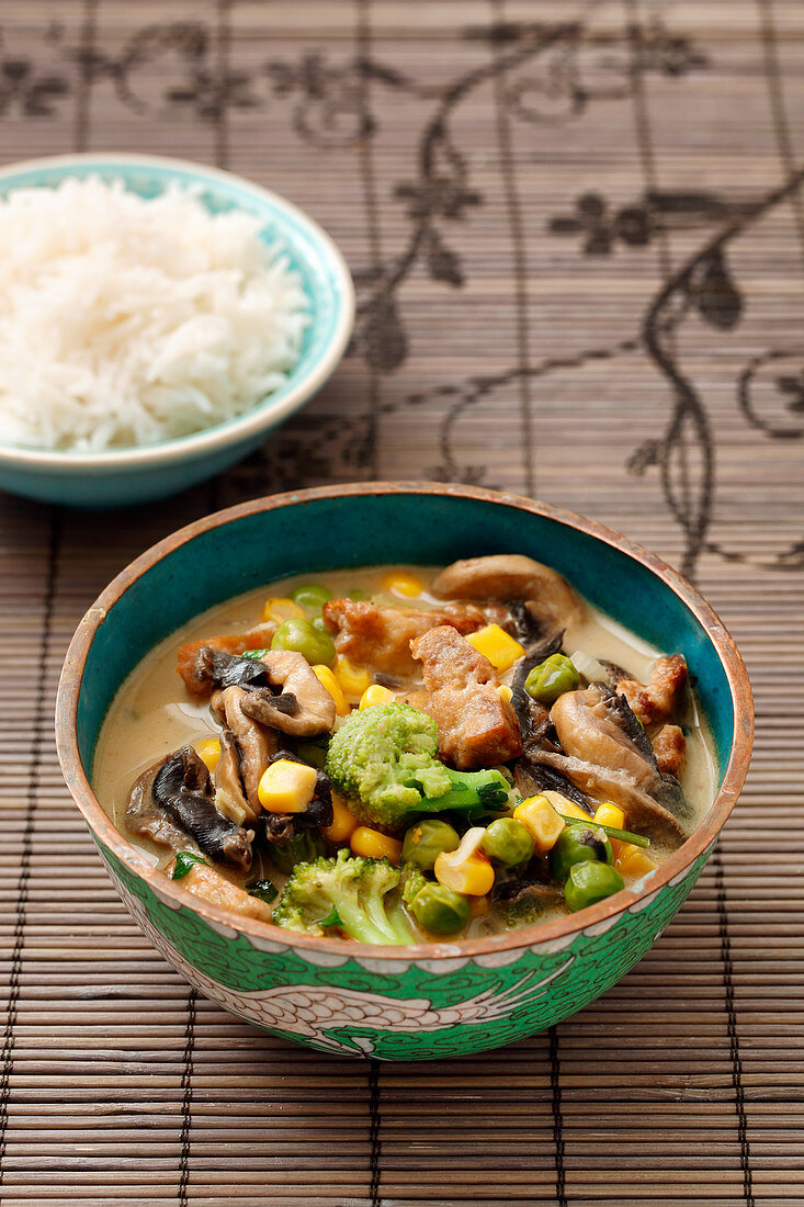 Vegan yellow curry with a side of rice