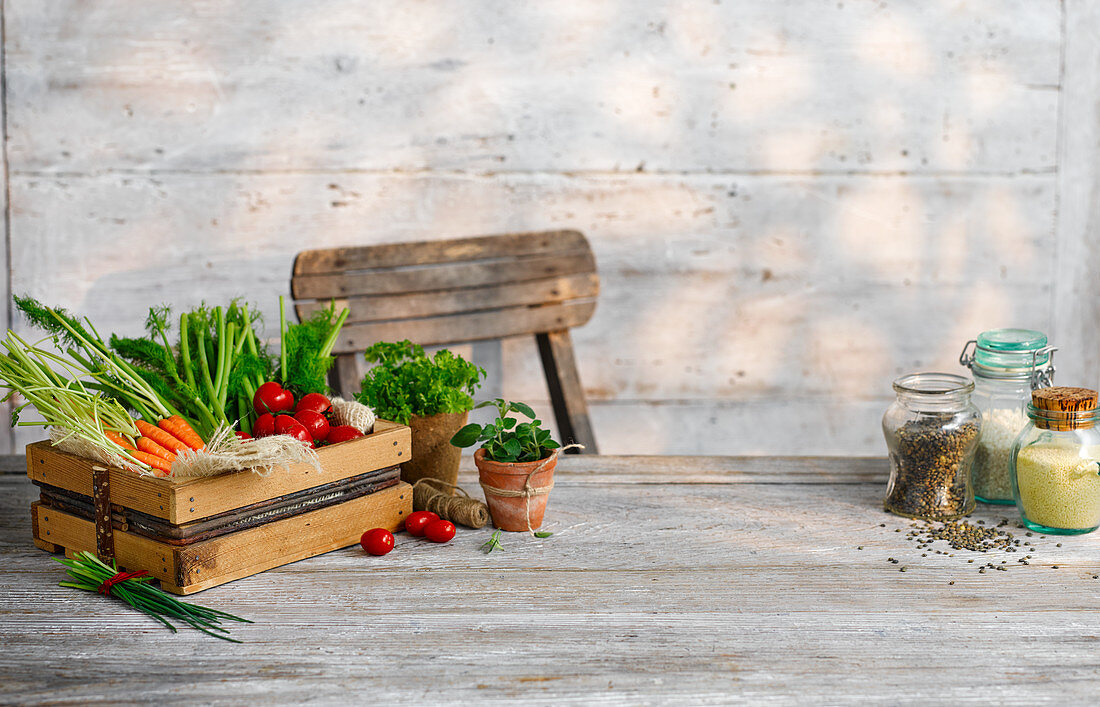 A vegetable box on a wooden table