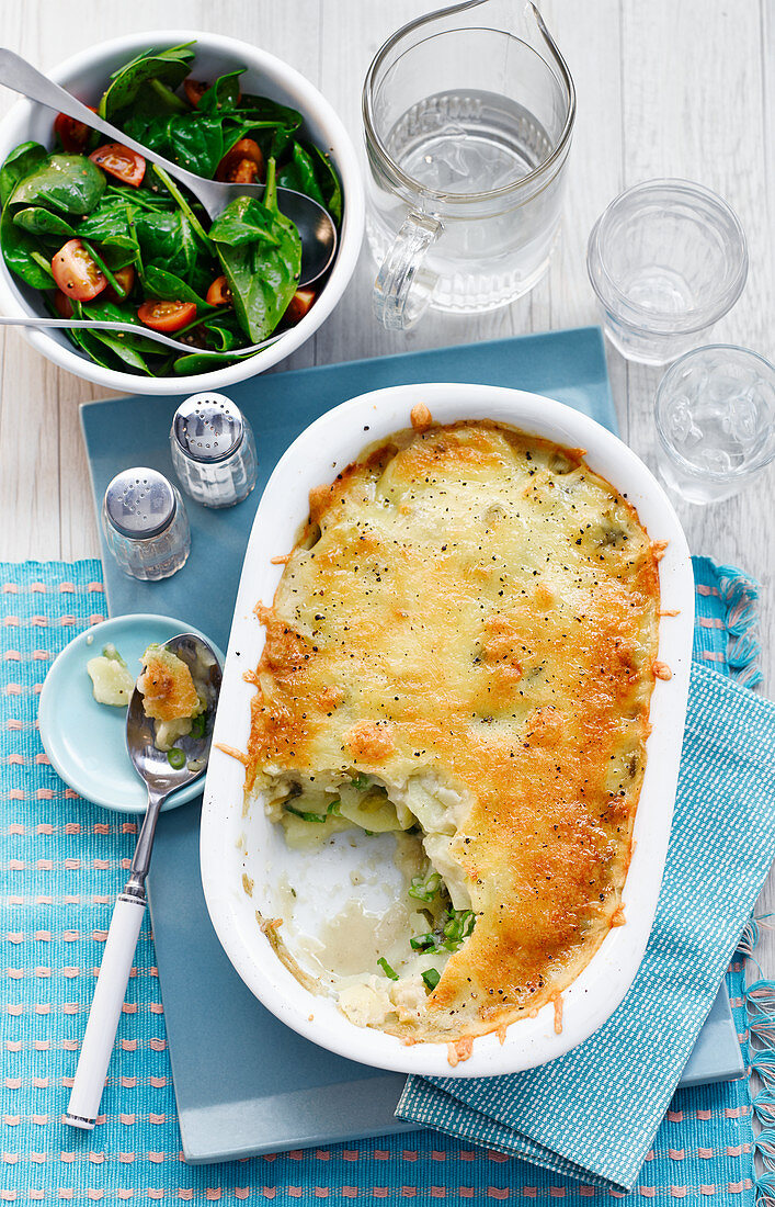Potato bake with spinach salad