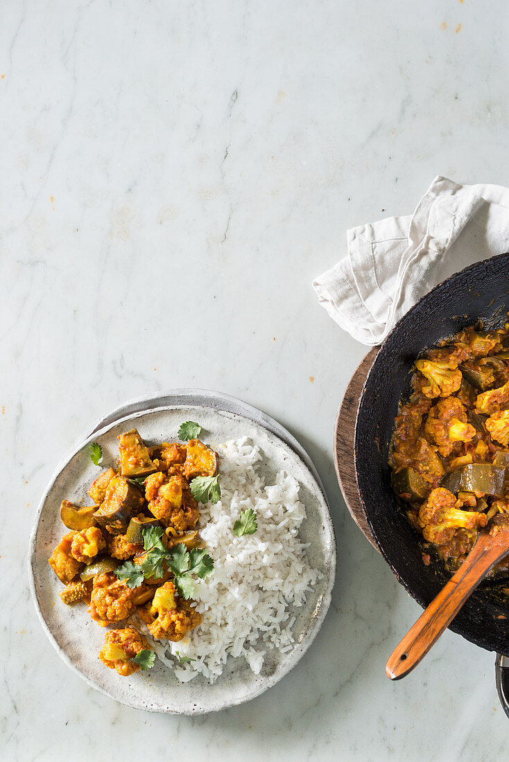 Cauliflower and eggplant curry with rice
