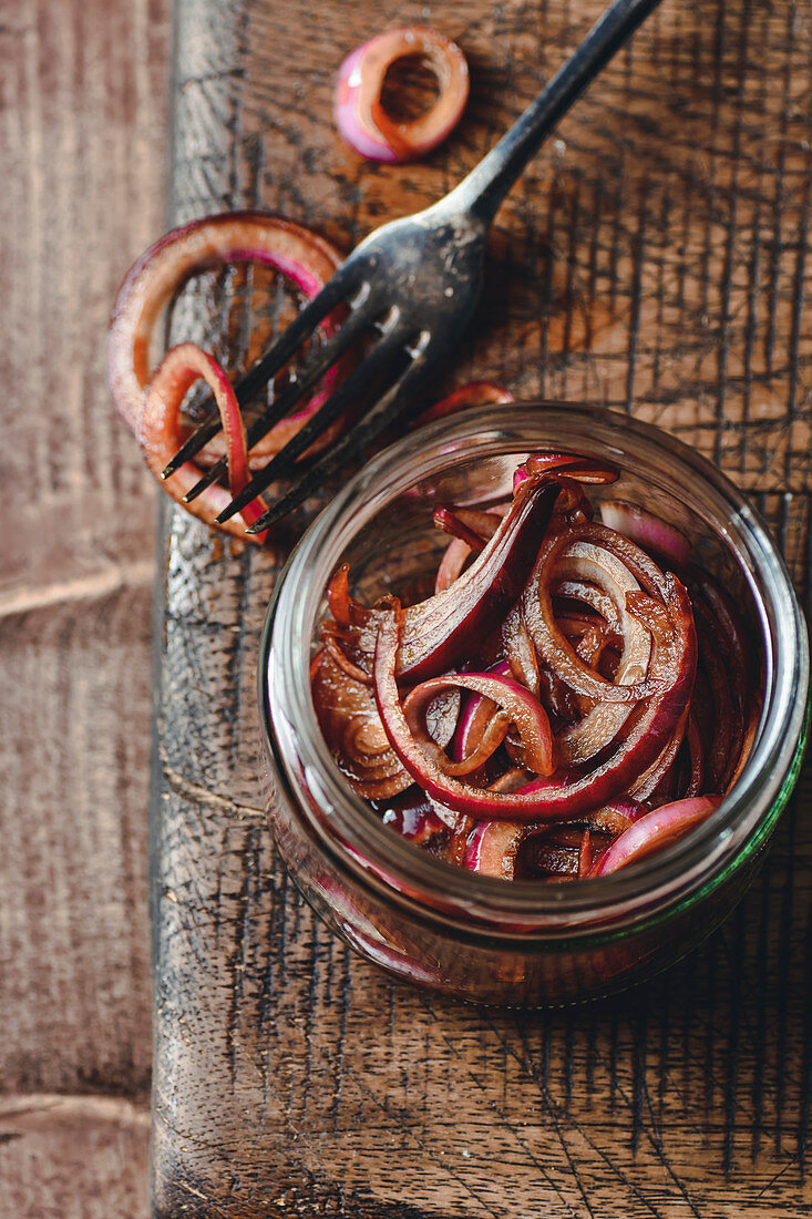 Red onion marinated in balsamic vinegar