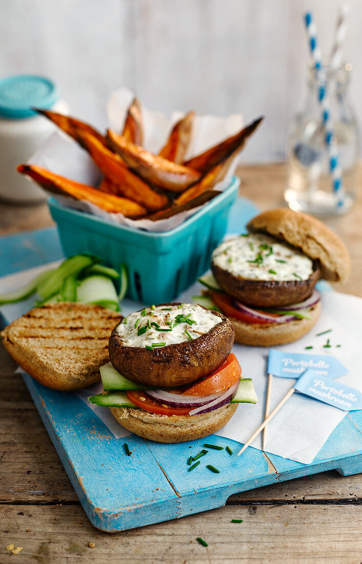 Portobello mushroom burgers with sweet potato fritters