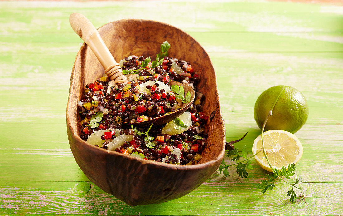 Lentil salad from Cameroon with beluga lentils, lime, peppers and cumin