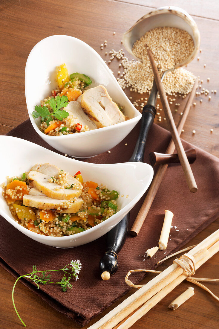Asian style quinoa with chicken breast and vegetables