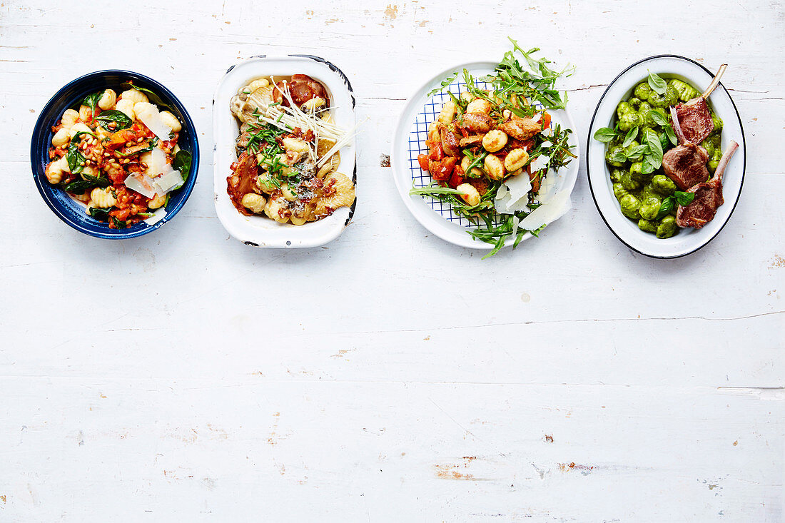 Fast Gnocchi with Kumara and Pine Nuts, with Mushrooms, with Pork, with Fennel Tomato, with Lamb Cutlets and Pesto