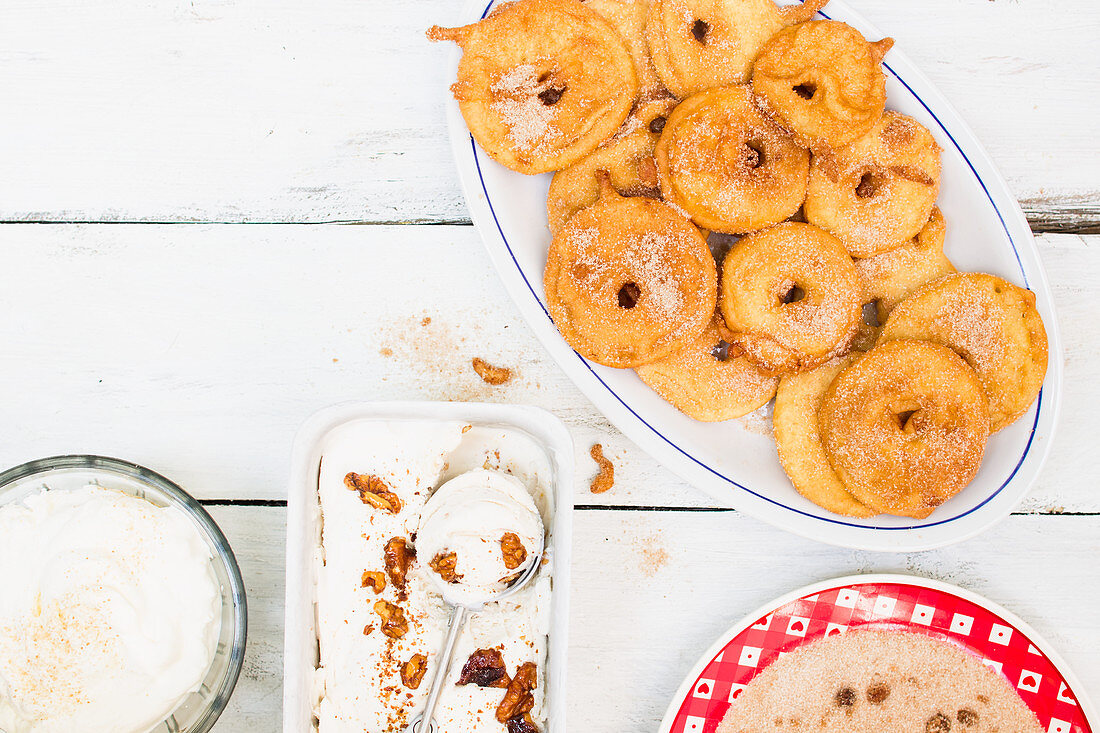 Apple fritters with walnut ice cream