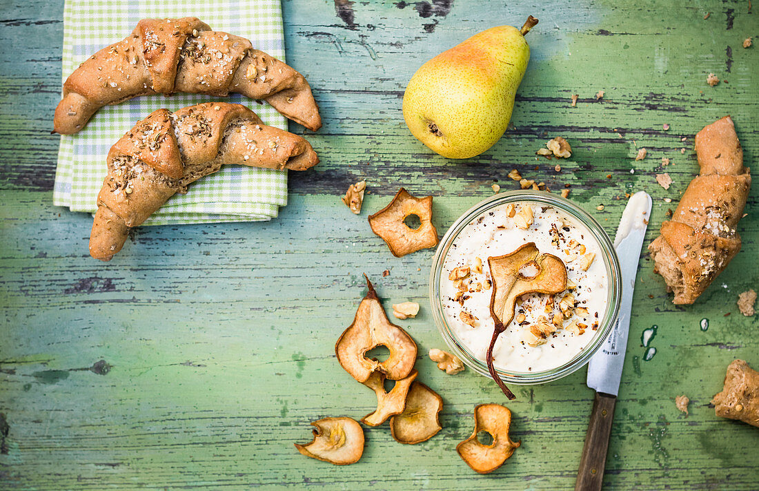 Beer pastries with pear obatzda with walnuts