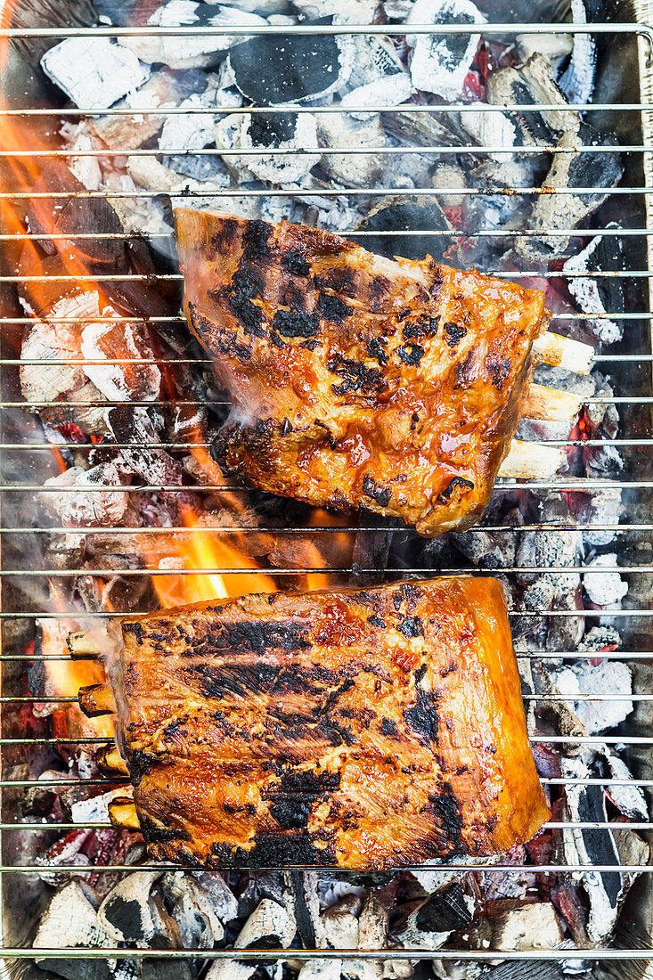 Spareribs on a grill grate