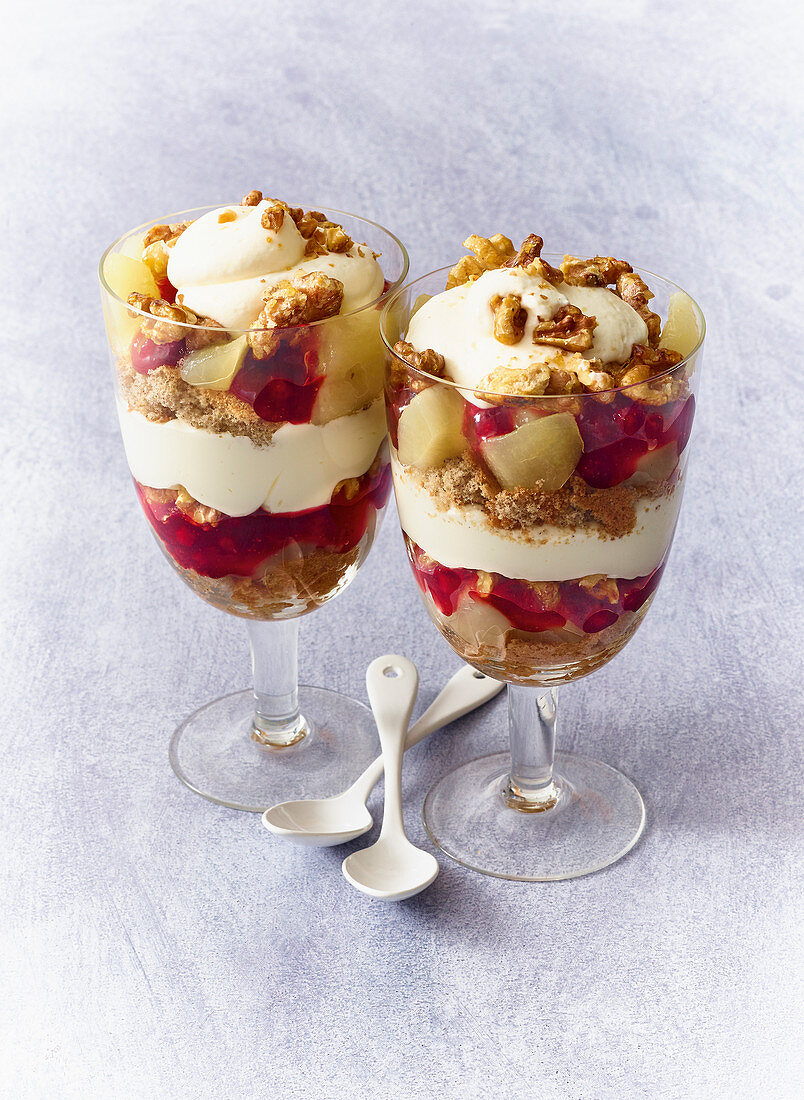 Pear layered desserts with buckwheat biscuit and walnuts