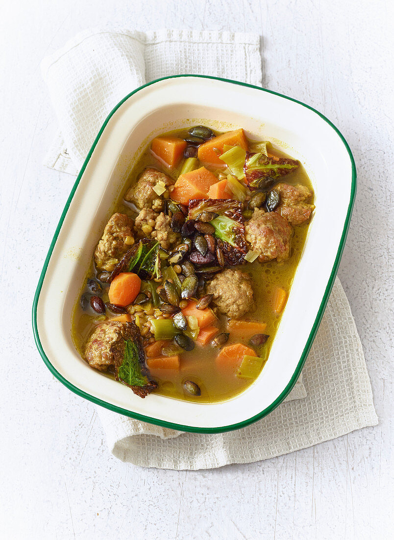 Autumnal meatball and pumpkin stew