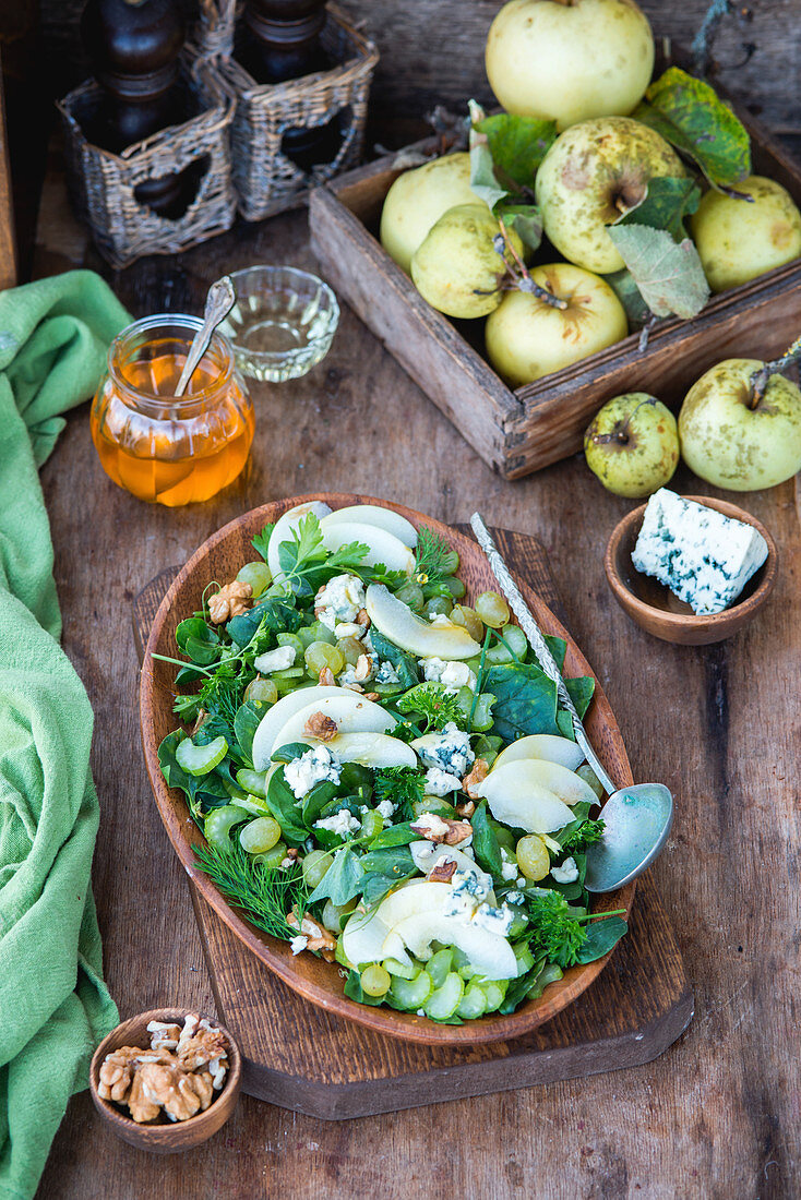Apfel-Walnuss-Salat mit Blauschimmelkäse und Honigdressing