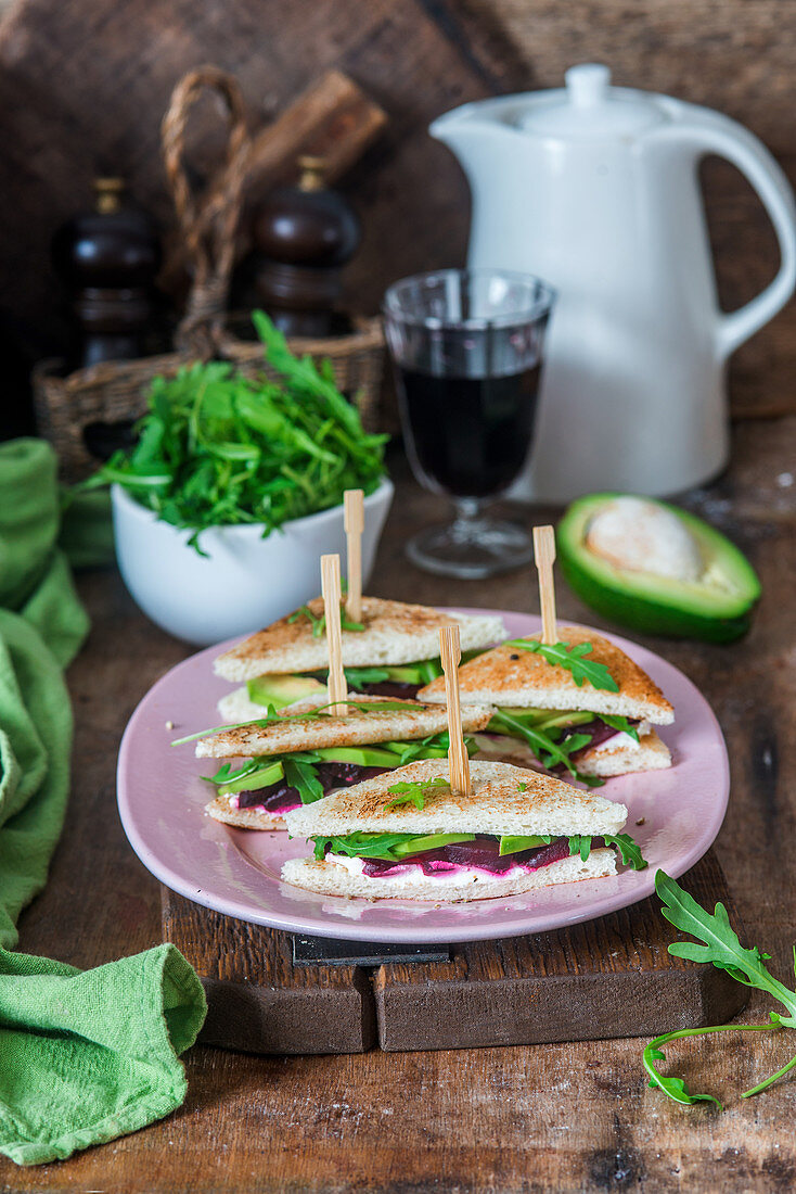 Beetroot, avocado and cream cheese sandwich