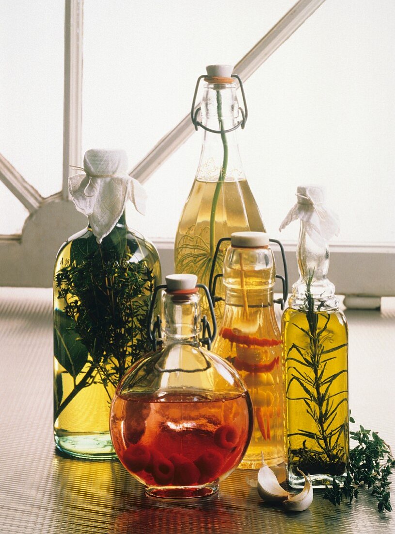 Assorted Vinegars and Oils in Glass Bottles