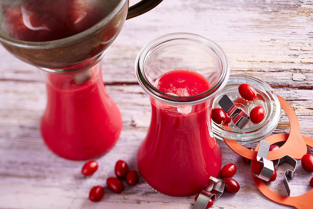 Cornelian cherry juice in bottles
