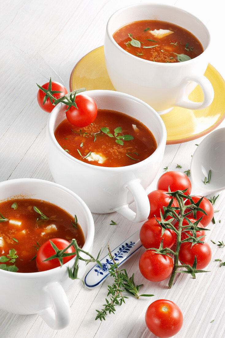 Vegetarian tomato soup with amaranth and fresh herbs