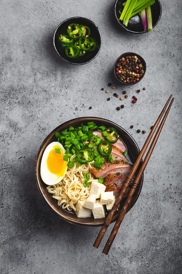 Ramen noodle soup with tofu, pork and egg (Japan)