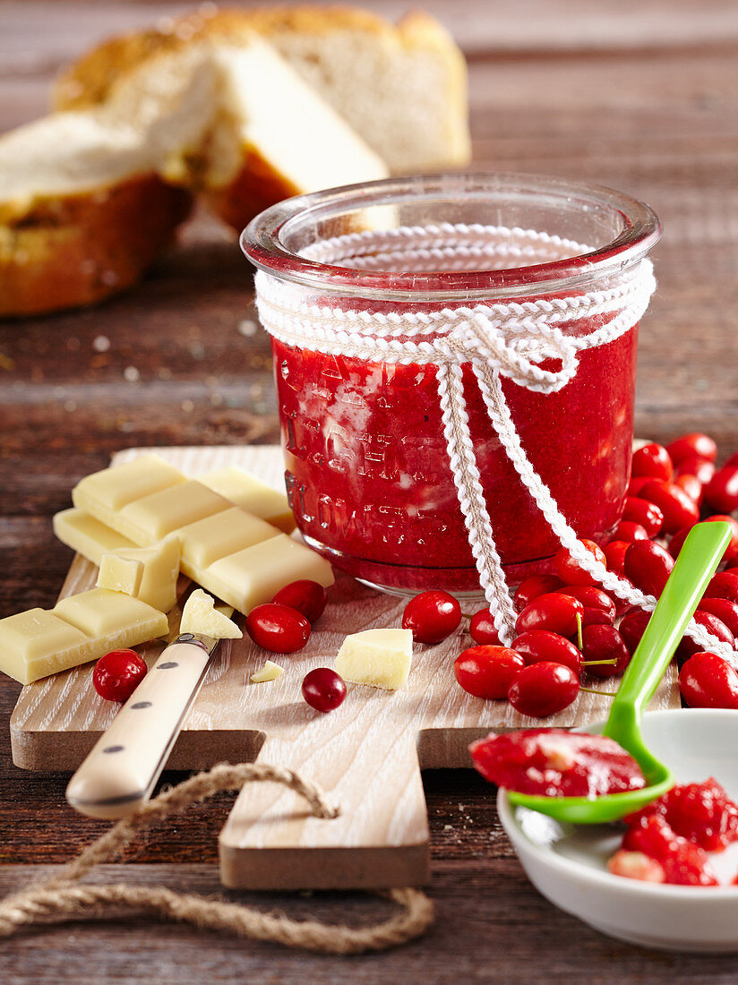 Cornelian cherry jam with white chocolate