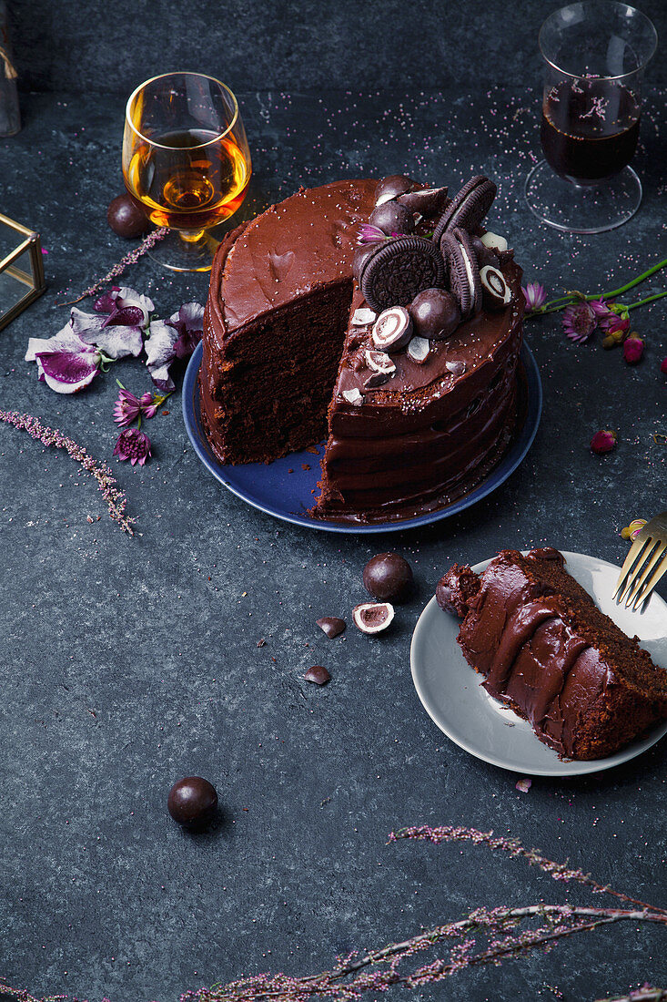 Chocolate layered cake with ganache cream