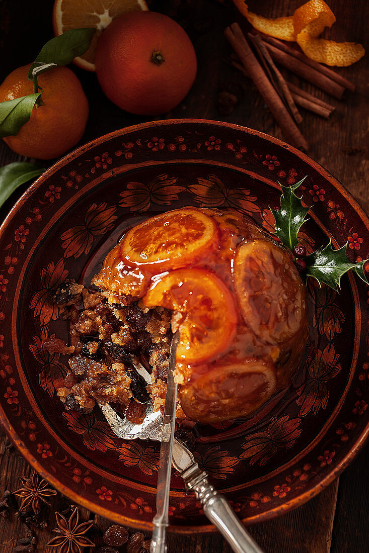 Christmas pudding with candied oranges