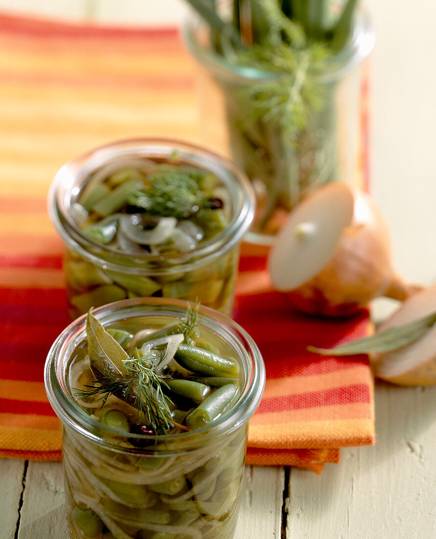 Pickled bean salad with white wine vinegar, sugar, dill and onions
