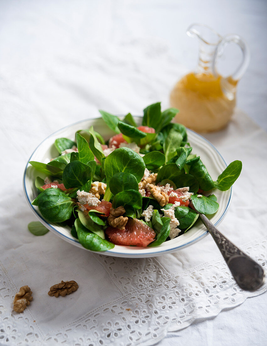 Lamb's lettuce with blood orange, tofu, walnuts and a blood orange, mustard and oil dressing