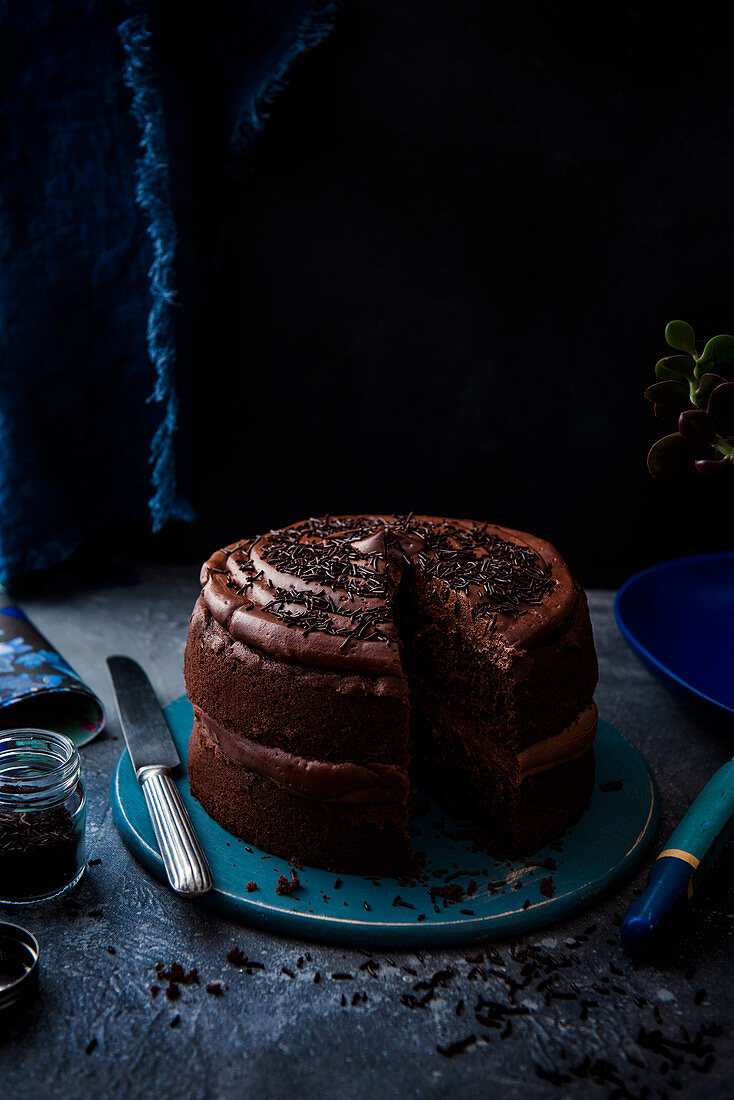 Schokoladenkuchen mit Schokoladen-Buttercreme und Schokoladenstreuseln