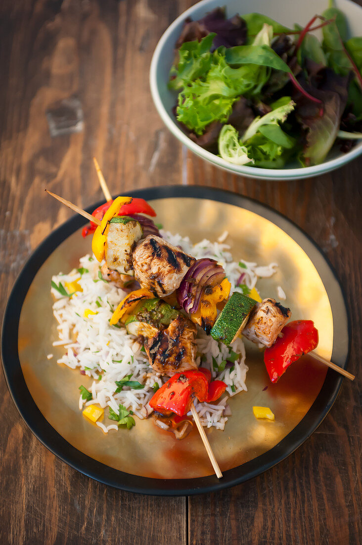 Chicken vegetable Kebabs with rice