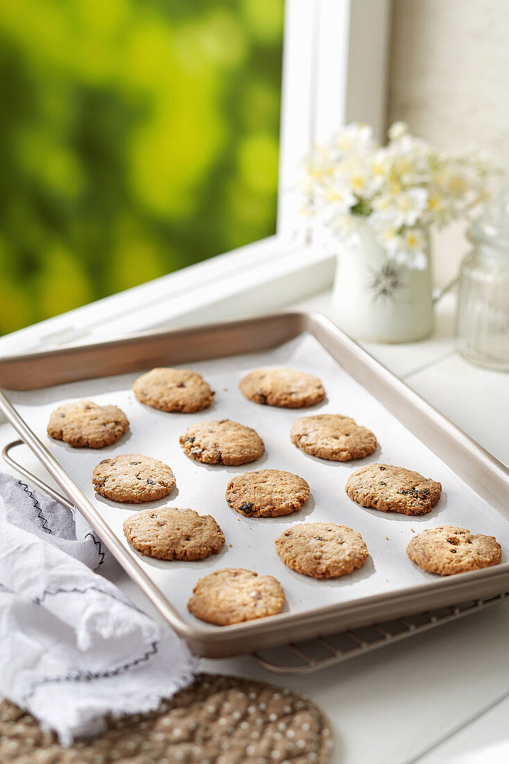 A Tray of Home baked blackcurrant and chocolate chips oat cookies