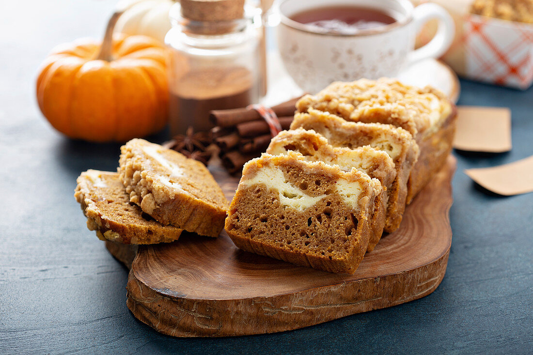 Pumpkin loaf cake or bread with winter spices cream cheese