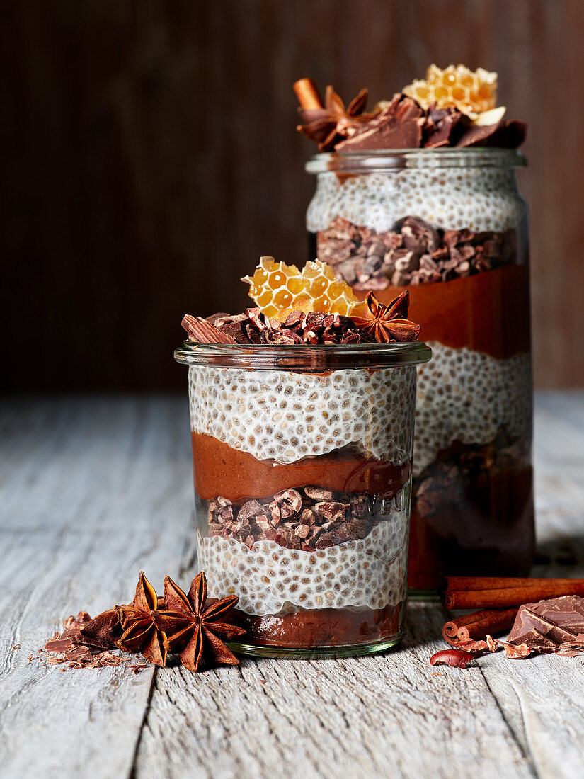 Chocolate chia pudding in a jar with honeycomb
