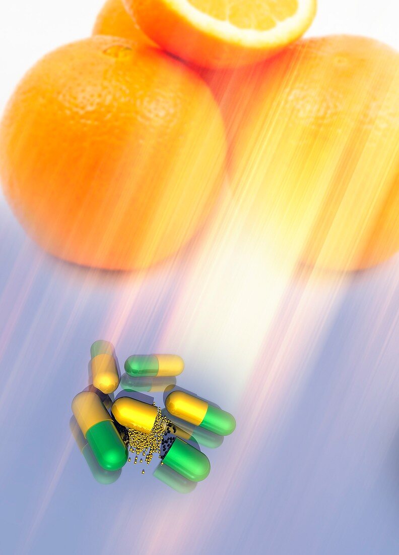 Capsules and oranges, illustration