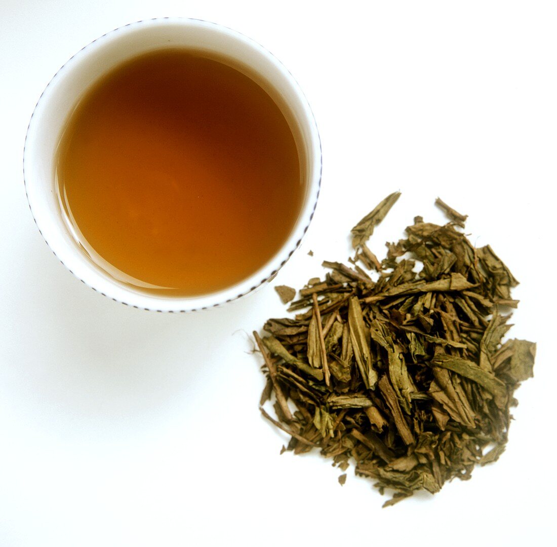 A Bowl of Bancha Tea with Loose Tea Leaves