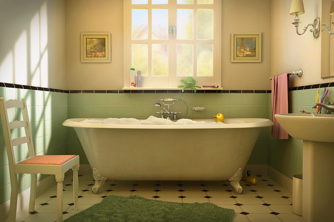 Rubber duck floating in bubble bath in vintage-style bathroom
