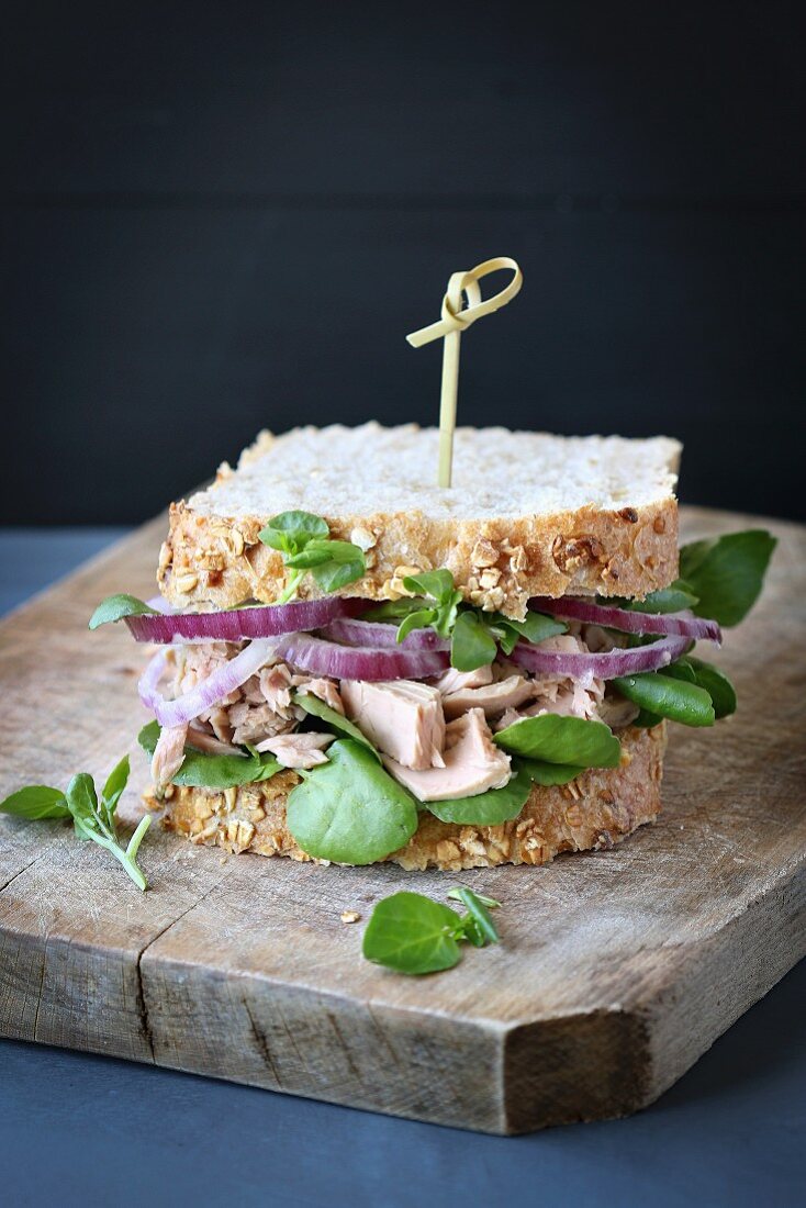 Tuna sandwich with red onion and watercress