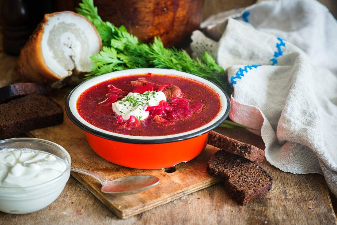 Traditional Russian and Ukrainian soup from beetroot called Borscht