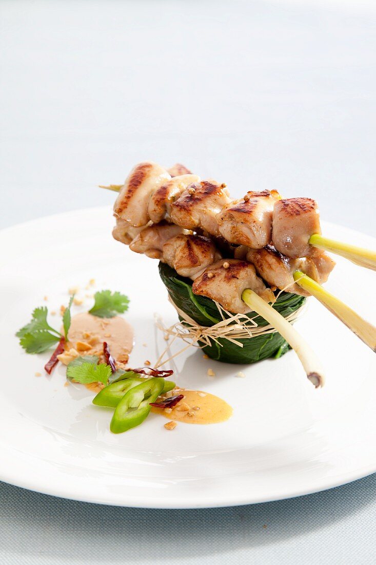 Chicken and lemongrass skewers with peanut sauce