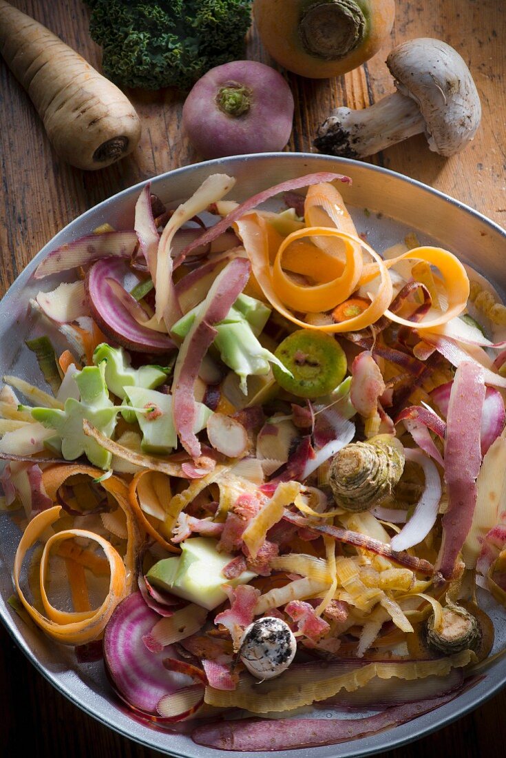 Mixed vegetable peels on a plate