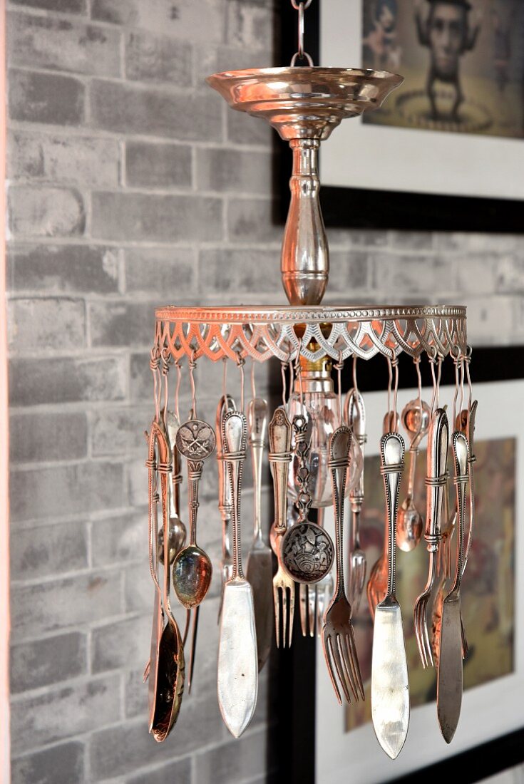 Upcycled lamp made from cake stand and silver cutlery
