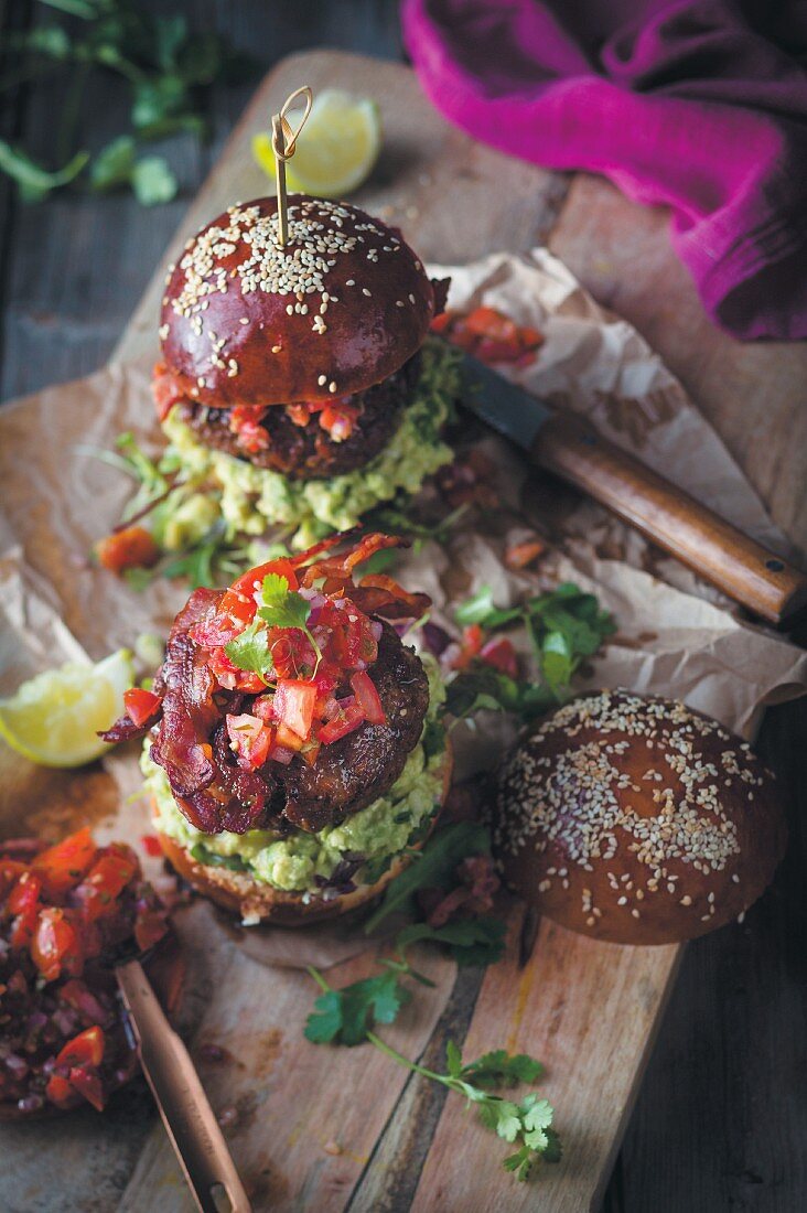 Mexican burger with tomato sauce and guacamole