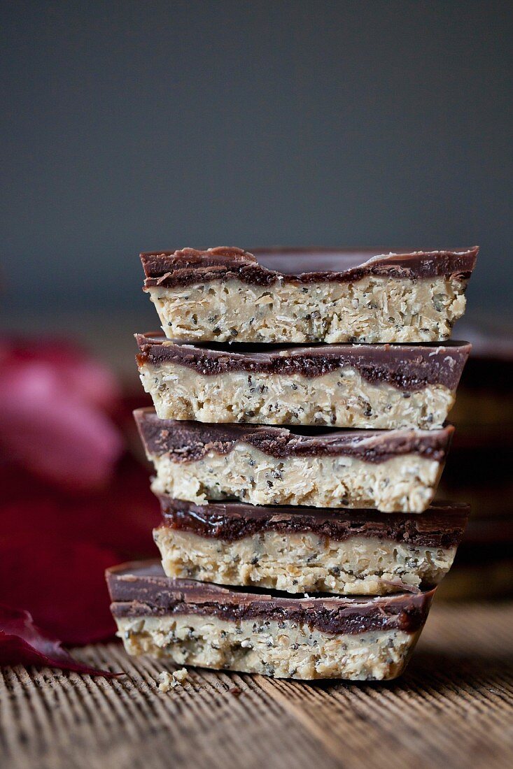 Stack of healthy raw cashew butter chocolate cups