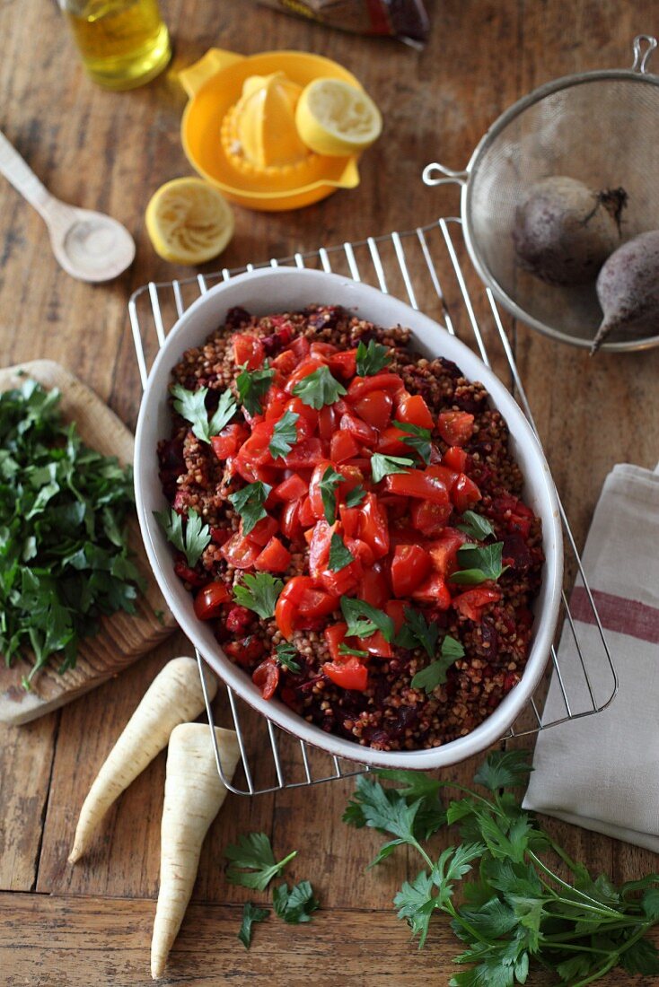 A buckwheat and vegetable dish with beetroot